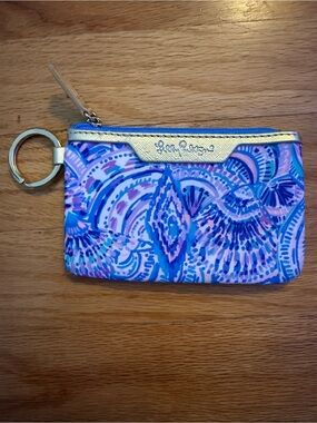 Lilly Pulitzer Blue, Pink & Purple Abstract Zip Card Pouch with Gold Logo